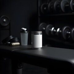 Blank supplement jar mockup on gym bench with dumbbells and shaker bottle in dark fitness setting, perfect for sports nutrition or pre-workout product branding