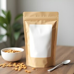 Blank kraft pouch mockup on kitchen counter with cornflakes and bowl, ideal for cereal, granola, or breakfast product branding in a cozy home setting