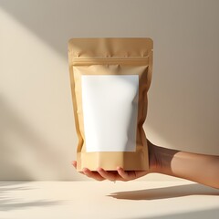  Minimalist mockup of a hand holding a kraft stand-up pouch with blank white label, perfect for showcasing product packaging designs in natural lighting.