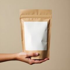 Minimalist mockup of a hand holding a kraft stand-up pouch with blank white label, perfect for showcasing product packaging designs in natural lighting.