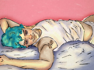 Turquoise-haired boy resting on bed — digital sketch style