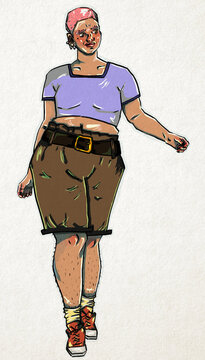Stylish bald woman walking &mdash; digital 2D full-body illustration