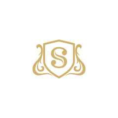 S letter shield logo with gold vintage style in flat design style