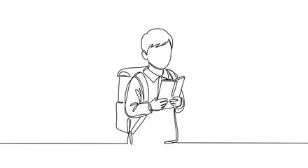 Child reading book with backpack