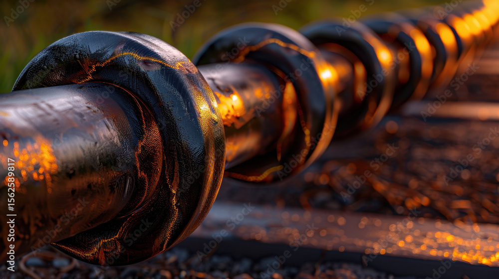 Poster close up view of metallic pipe with glossy black finish, reflecting warm light. surface shows intric