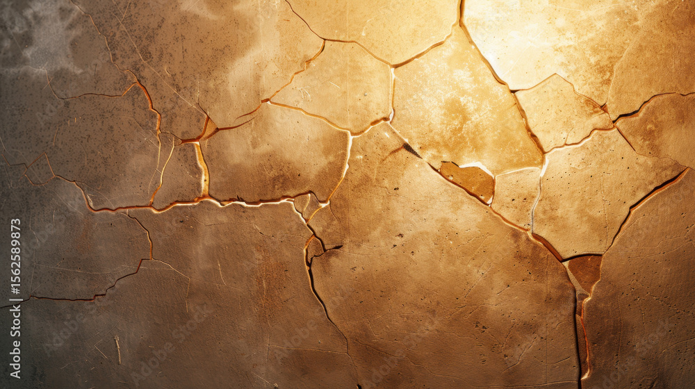 Poster cracked wall texture with warm light illuminating surface, creating abstract art effect that evokes 