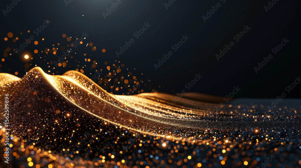 Poster abstract background with flowing golden waves and sparkling particles creating mesmerizing visual ef