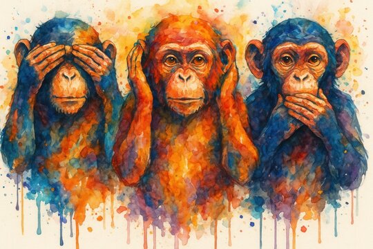 Artistic interpretation of three wise monkeys philosophy in contemporary watercolor splash style