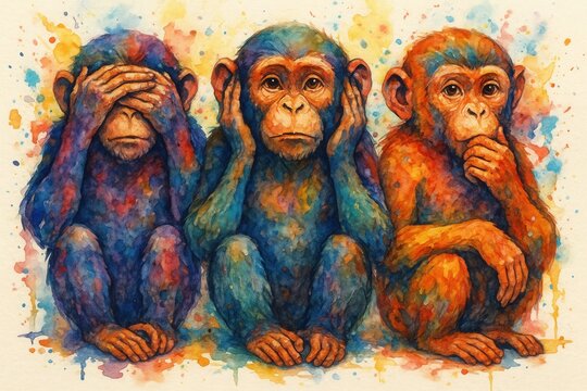 Artistic interpretation of three wise monkeys philosophy in contemporary watercolor splash style