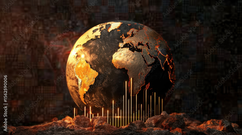 Poster abstract globe with glowing continents and economic data visualization, representing global growth a