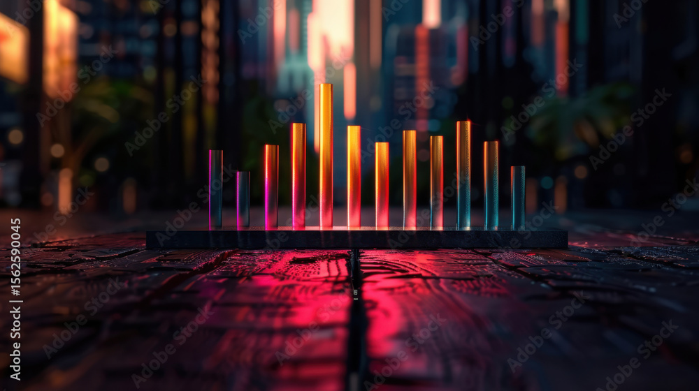 Poster abstract financial trading background with vibrant bar chart reflecting city lights, creating dynami