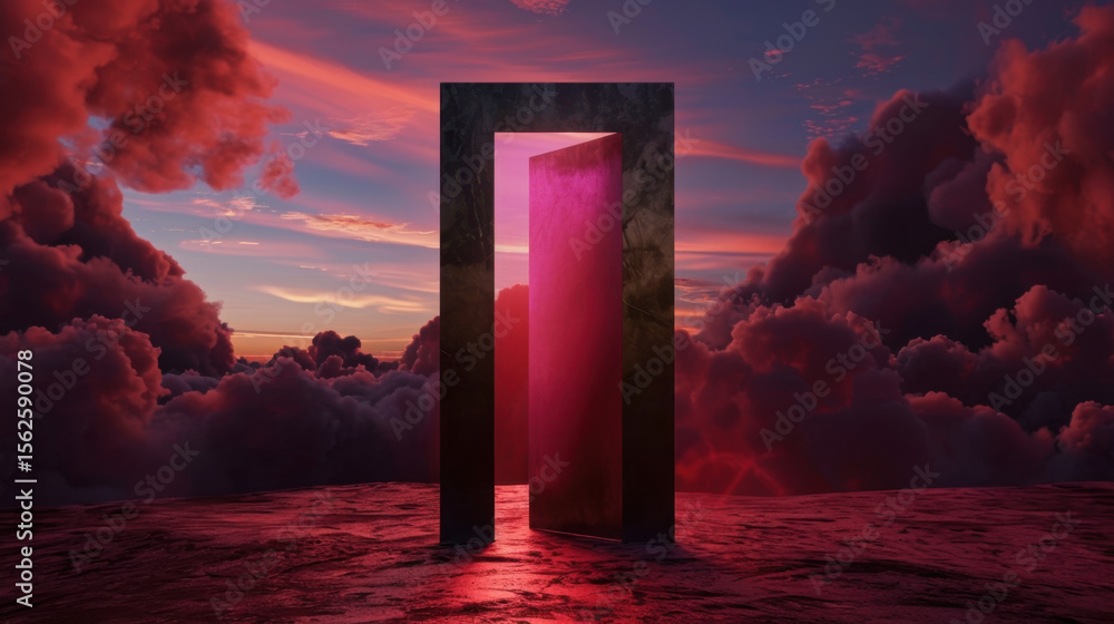 Poster surreal abstract floating door in sky opens to vibrant space beyond, surrounded by colorful clouds a