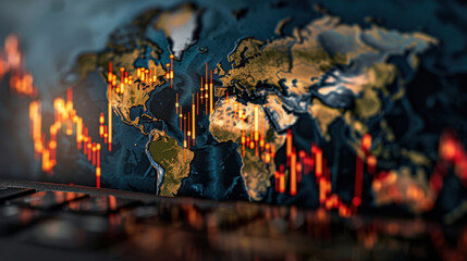 Abstract financial interface with global stock index, showcasing vibrant candlestick patterns over world map, symbolizing market trends