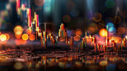 Abstract financial interface with glowing stock chart, vibrant colors, and blurred lights creating dynamic atmosphere of trading