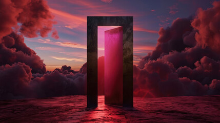 Surreal abstract floating door in sky opens to vibrant space beyond, surrounded by colorful clouds and dramatic sunset