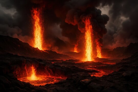 Dramatic volcanic hellscape with intense flames and molten lava creating apocalyptic atmosphere