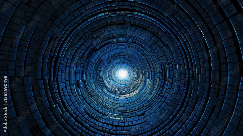 Poster mesmerizing view of circular tunnel with intricate blue patterns, leading to bright light at end, ev