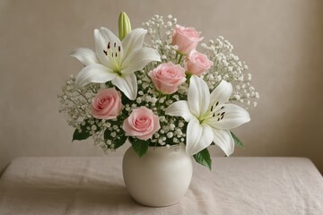 Elegant sympathy arrangement with white lilies and soft pastel flowers for memorial service comfort