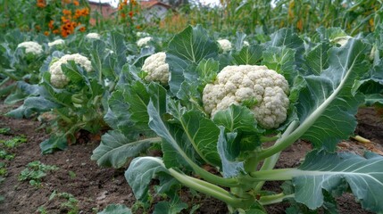 Vibrant cauliflower growing in a lush garden during the summer harvest season