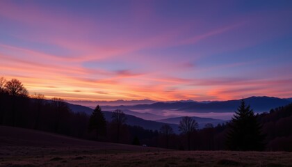 Obraz premium Stunning Sunset Over Mountains and Valleys with Vibrant Colors and Peaceful Atmosphere