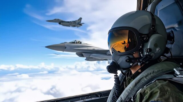 Fighter pilot in cockpit flying F-16 jet formation through blue sky and clouds during training exercise