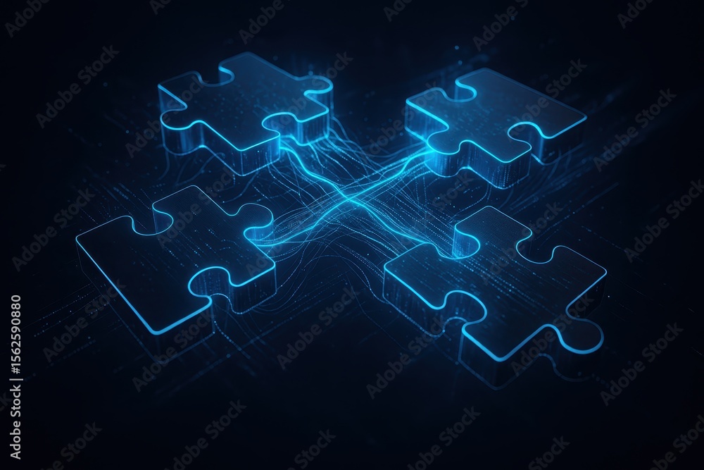 Aufkleber interconnected puzzle pieces forming digital network with glowing neon connections and data flow vis