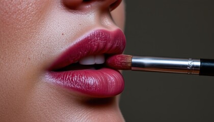 Closeup of Glossy Lips with Makeup Brush Applying Lip Color in Intimate Beauty Portrait