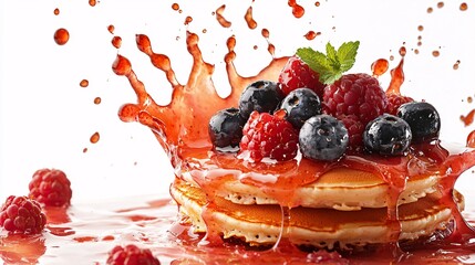Clear fruit glaze splashing onto a stack of fluffy pancakes topped with fresh berries, highlighting textures with a glossy sheen, isolated on white background,
