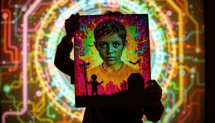Obraz premium Young Boy Holding Colorful Abstract Portrait with Neon Background and Technology Motifs
