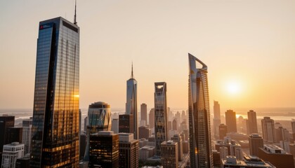 Cityscape at Sunset with Skyscrapers Reflecting Golden Light in a Modern Urban Landscape