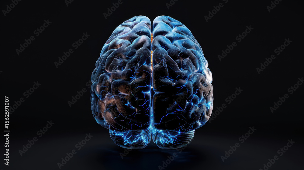 Poster glowing blue brain shape with intricate connections and electric patterns, symbolizing advanced tech