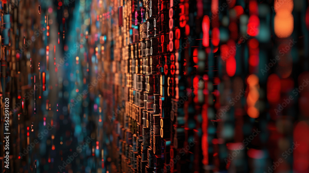 Poster digital data visualization with vibrant colors and layered numbers creates mesmerizing effect, showc