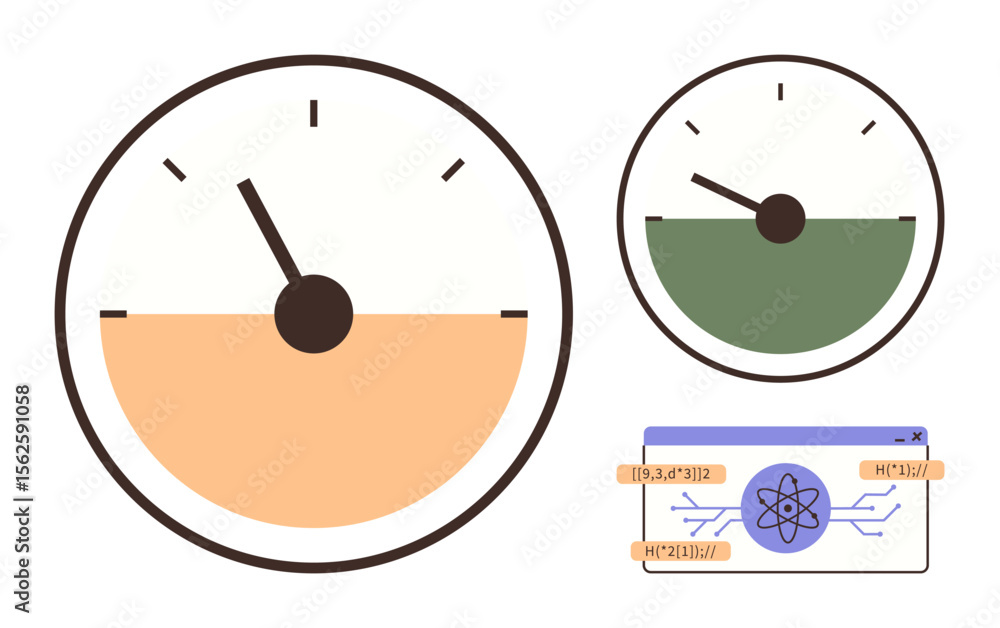 Poster two gauges with orange and green sections and a digital data interface featuring scientific analytic