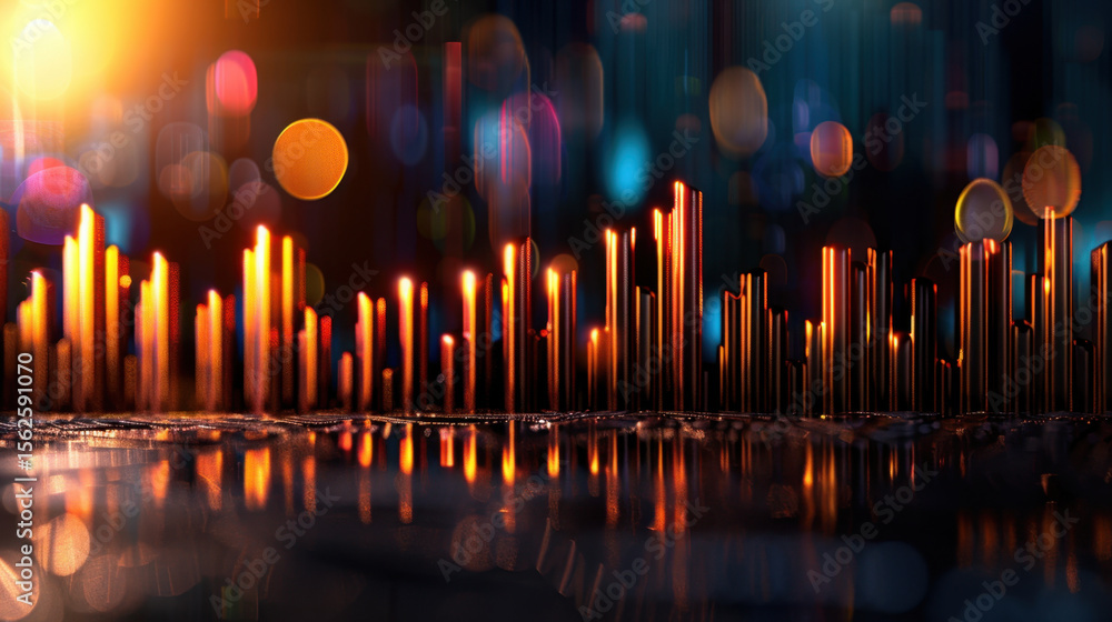 Poster data visualization of finance growth over time with vibrant colors and reflections creating dynamic 