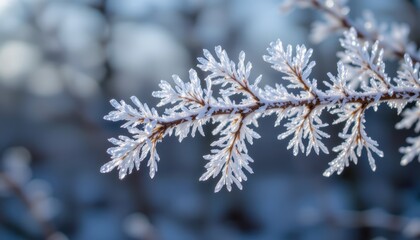 Frozen Branch Covered in Frost and Ice Crystals in a Winter Forest at Dawn