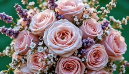 Fototapeta premium Beautiful Bouquet of Soft Pink Roses and Delicate Flowers Brightening a Green Background