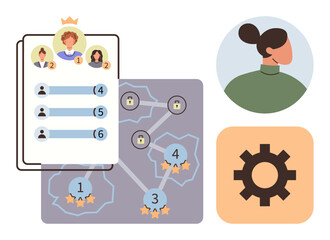 User rankings, network with locked and unlocked nodes, profile icon, and gear symbol. Ideal for teamwork, data analysis, leadership, strategy decision-making workflow. Simple flat metaphor