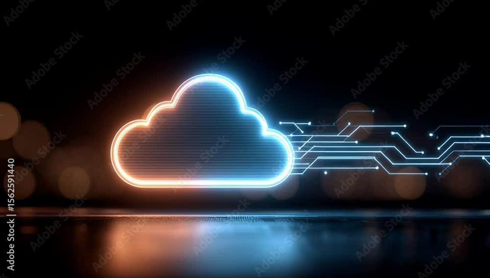 Poster a glowing neon cloud icon with circuit lines emanating from it, set against an abstract dark backgro