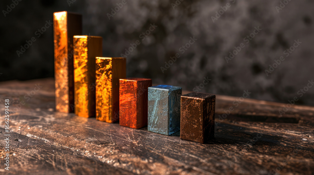 Aufkleber visual representation of economic growth analysis with stacked bars in various metallic colors, show