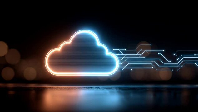 A glowing neon cloud icon with circuit lines emanating from it, set against an abstract dark background symbolizes data transfer and storage in digital clouds Generative AI