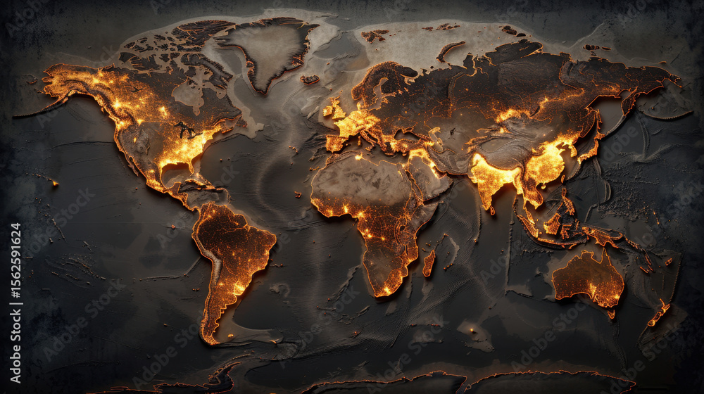 Poster global map illuminated with fiery orange highlights, showcasing data streams across continents, crea