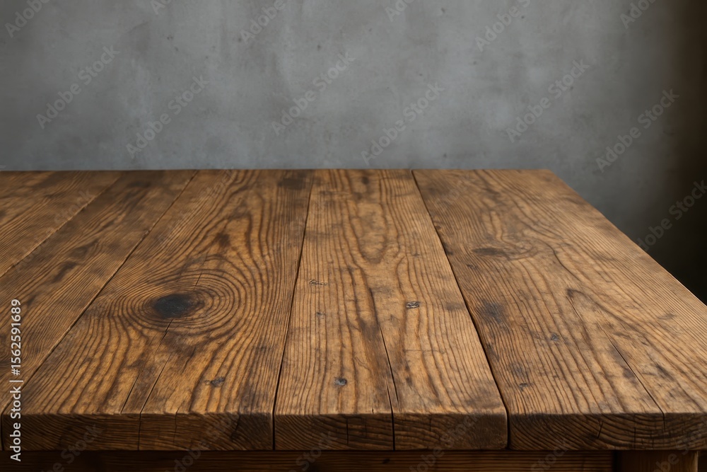 Aufkleber rustic reclaimed wood table surface with visible grain patterns against industrial concrete wall bac