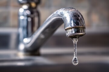 Water Dripping from the Faucet of an Open Kitchen Sink - Water Conservation and Leakage.