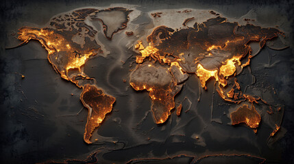 Global map illuminated with fiery orange highlights, showcasing data streams across continents, creating striking visual effect