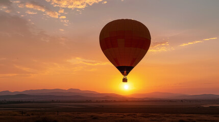 Fototapeta premium Hot air balloon rises into colorful morning sky, creating serene and picturesque scene at sunrise