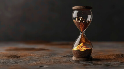 Hourglass filled with sand, symbolizing passage of time, sits on textured surface. warm tones evoke sense of nostalgia and reflection
