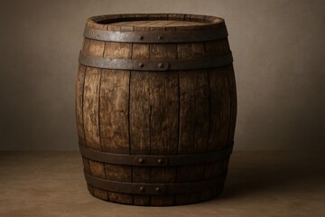 Obraz premium Vintage wooden wine barrel with metal hoops and weathered surface isolated on neutral background