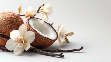 Coconut halves with vanilla pods and white flowers on a neutral background showcasing tropical elements