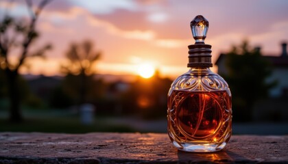 Elegant Glass Bottle of Golden Liquid Reflecting Sunset Illuminating Outdoor Landscape