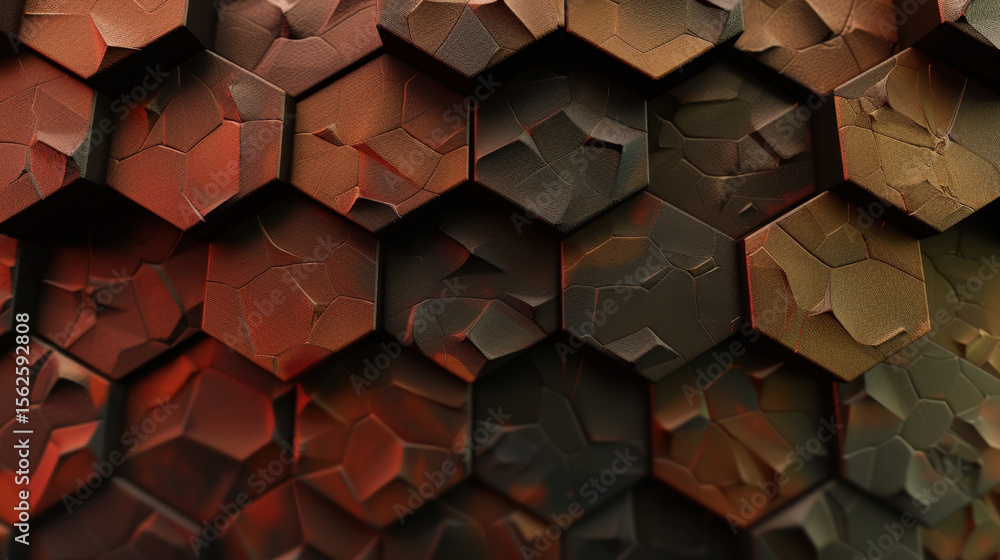 Poster textured hexagon shapes create striking visual with deep tones of red and brown, evoking sense of de